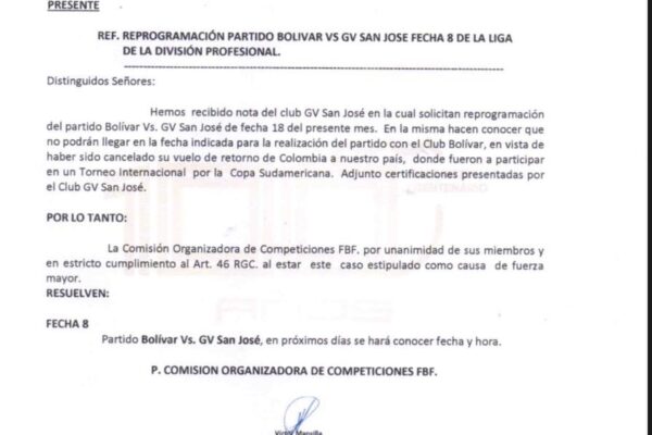 REPROGRAMADO EL PARTIDO ENTRE BOLÍVAR Y GV SAN JOSÉ